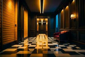 un' corridoio con nero e bianca scacchi pavimentazione. ai-generato foto
