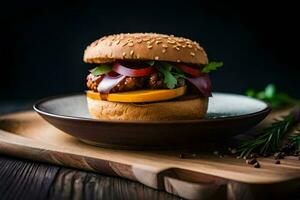 un' Hamburger con carne e verdure su un' piatto. ai-generato foto