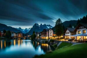 un' lago e case nel il montagne a notte. ai-generato foto