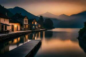 un' lago e case nel il montagne a tramonto. ai-generato foto