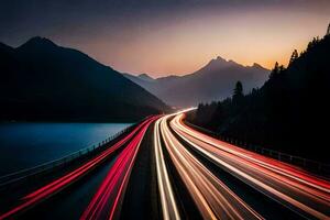 un' lungo esposizione foto di un' autostrada con macchine guida su esso. ai-generato