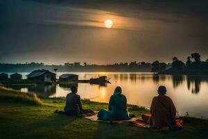 tre persone seduta su il erba vicino un' lago a tramonto. ai-generato foto