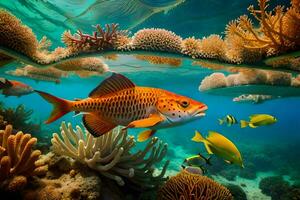 pesce nuoto nel il oceano con corallo scogliere. ai-generato foto