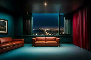 un' camera con un' Visualizza di il città e un' divano. ai-generato foto