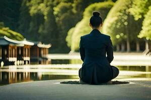 un' donna si siede nel meditazione vicino un' stagno. ai-generato foto