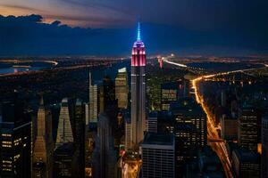 il impero stato edificio è illuminato su nel rosso, bianca e blu. ai-generato foto