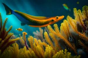 un' pesce nuoto nel il oceano con corallo. ai-generato foto