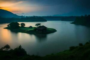 un' piccolo isola nel il mezzo di un' lago a tramonto. ai-generato foto