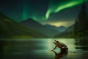 un' rana si siede su il bordo di un' lago sotto il aurora luci. ai-generato foto