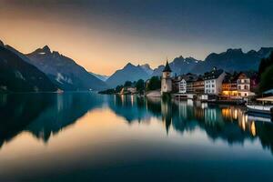 un' bellissimo tramonto al di sopra di un' lago e montagne. ai-generato foto