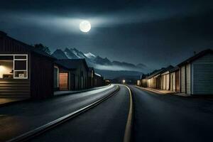 un' illuminato dalla luna strada con case e montagne nel il sfondo. ai-generato foto