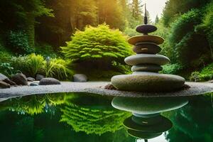 un' zen giardino con rocce e acqua. ai-generato foto