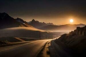 un' strada nel il montagne con il sole ambientazione. ai-generato foto