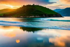 foto sfondo il cielo, mare, montagne, spiaggia, acqua, cielo, il oceano, il. ai-generato