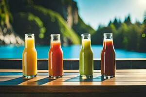 quattro bottiglie di succo seduta su un' tavolo con un' lago nel il sfondo. ai-generato foto