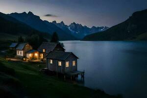 foto sfondo il cielo, montagne, lago, Casa, il Luna, il montagne, il lago. ai-generato