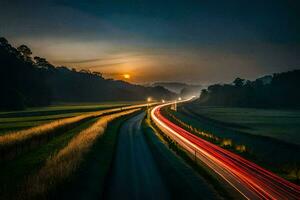 un' lungo esposizione fotografia di un' strada a tramonto. ai-generato foto