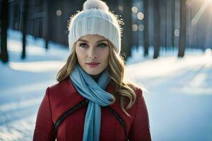 un' bellissimo giovane donna nel un' inverno foresta. ai-generato foto