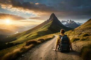 un' uomo con un' zaino seduta su il strada nel il montagne. ai-generato foto
