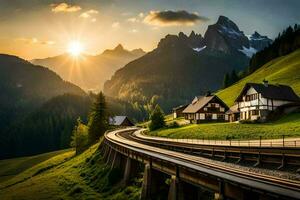 il sole sorge al di sopra di il montagne nel il sfondo. ai-generato foto