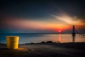 un' giallo secchio si siede su il spiaggia a tramonto. ai-generato foto