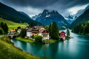 un' bellissimo montagna villaggio con un' fiume e montagne. ai-generato foto