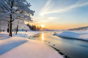 un' fiume nel il neve. ai-generato foto