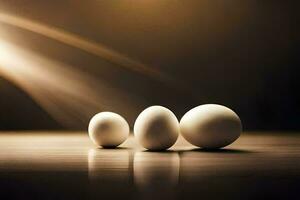 tre uova su un' tavolo con un' leggero splendente su loro. ai-generato foto