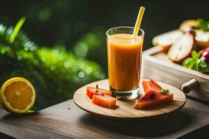 un' bicchiere di arancia succo con un' fetta di anguria. ai-generato foto