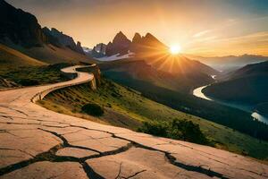 il sole sorge al di sopra di un' montagna gamma e un' strada. ai-generato foto