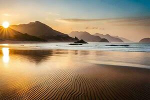 tramonto su il spiaggia con montagne nel il sfondo. ai-generato foto