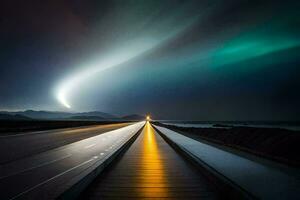 un' lungo esposizione foto di un' strada con un' luminosa aurora. ai-generato