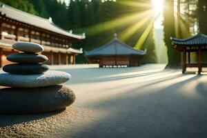 un' zen giardino nel il montagne. ai-generato foto