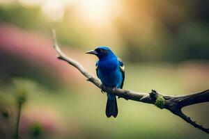 un' blu uccello seduta su un' ramo nel il sole. ai-generato foto