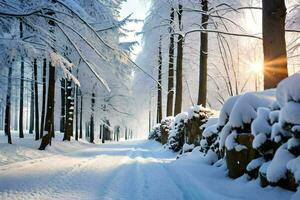 un' nevoso strada nel il boschi con alberi. ai-generato foto