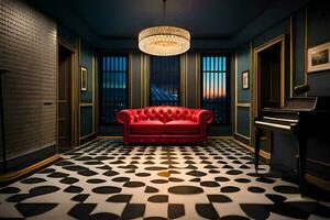un' camera con un' rosso divano e nero e bianca piastrelle. ai-generato foto