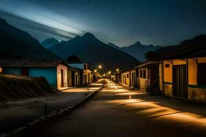 un' strada nel il montagne a notte. ai-generato foto