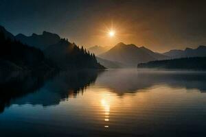 il sole sorge al di sopra di un' montagna lago nel il mattina. ai-generato foto