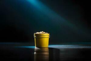 un' giallo secchio con Popcorn su un' buio superficie. ai-generato foto