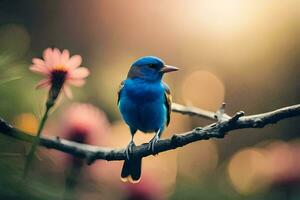 un' blu uccello è arroccato su un' ramo con rosa fiori. ai-generato foto