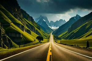 un' strada nel il montagne con verde erba e montagne. ai-generato foto