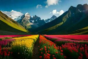 un' campo di colorato fiori e montagne. ai-generato foto