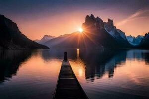 il sole sorge al di sopra di un' lago e montagne. ai-generato foto