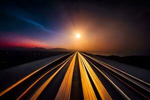 un' lungo esposizione foto di un' treno traccia a tramonto. ai-generato