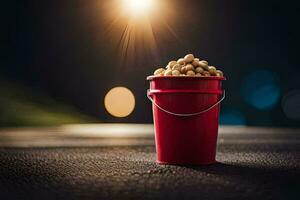 un' rosso secchio pieno con arachidi su un' buio strada. ai-generato foto
