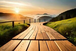 di legno sentiero principale per il montagne a tramonto. ai-generato foto