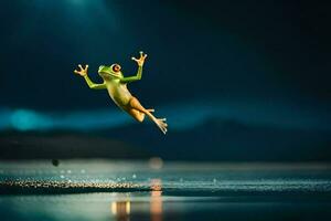 un' rana salto nel il aria su un' buio notte. ai-generato foto