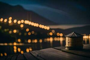 un' piccolo lanterna si siede su un' di legno bacino a notte. ai-generato foto