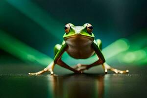un' rana è in piedi su un' tavolo con un' verde sfondo. ai-generato foto
