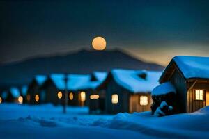 un' pieno Luna brilla al di sopra di un' nevoso montagna. ai-generato foto